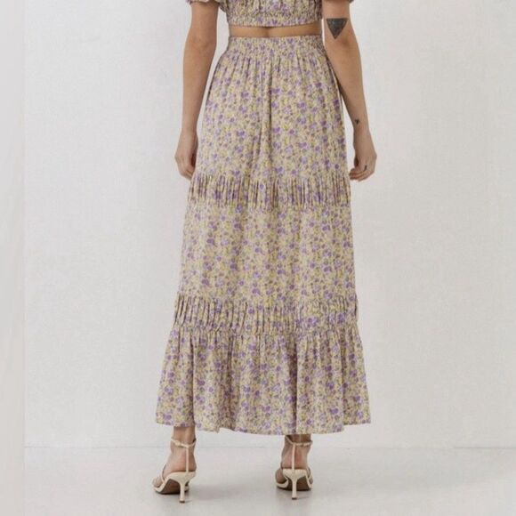ENGLISH FACTORY Floral Tiered Midi Skirt Cottagecore Prairie Sz L Yellow Purple - Picture 8 of 8